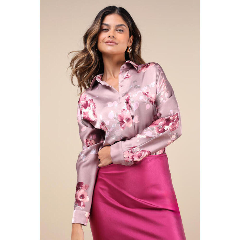 Lulus Suave Mood Mauve Floral Satin Long Sleeve Button-up Bodysuit Pink - Size S